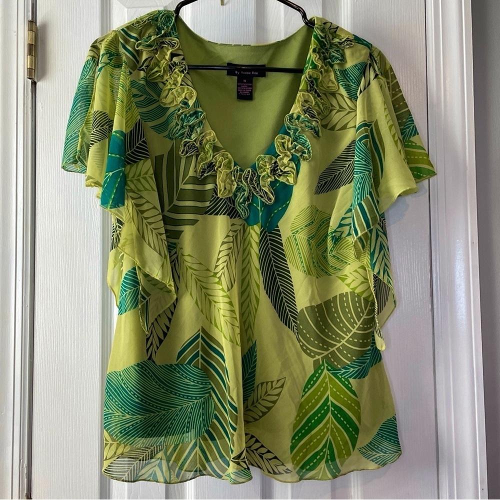 Tropical Palm‎ Blouse Women’s 16 Green Fairycore Signature by Robbie Bee Top